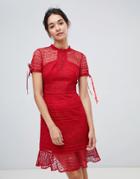 Chi Chi London Allover Lace Midi Dress With High Neck And Short Sleeve In Wine - Red