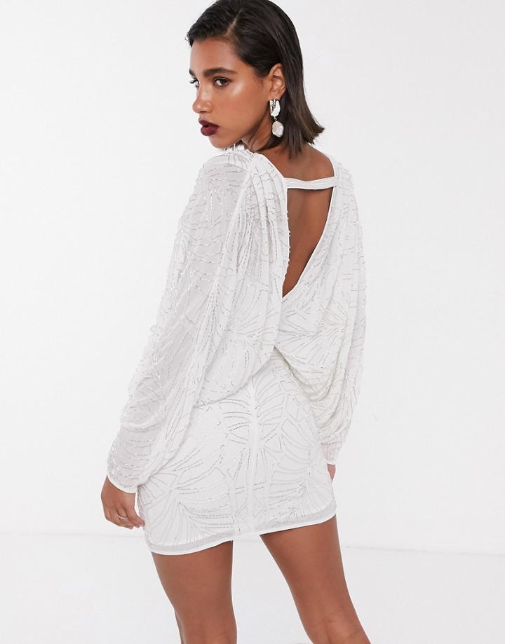 Asos Edition Batwing Leaf Embellished Mini Dress With Open Back-white