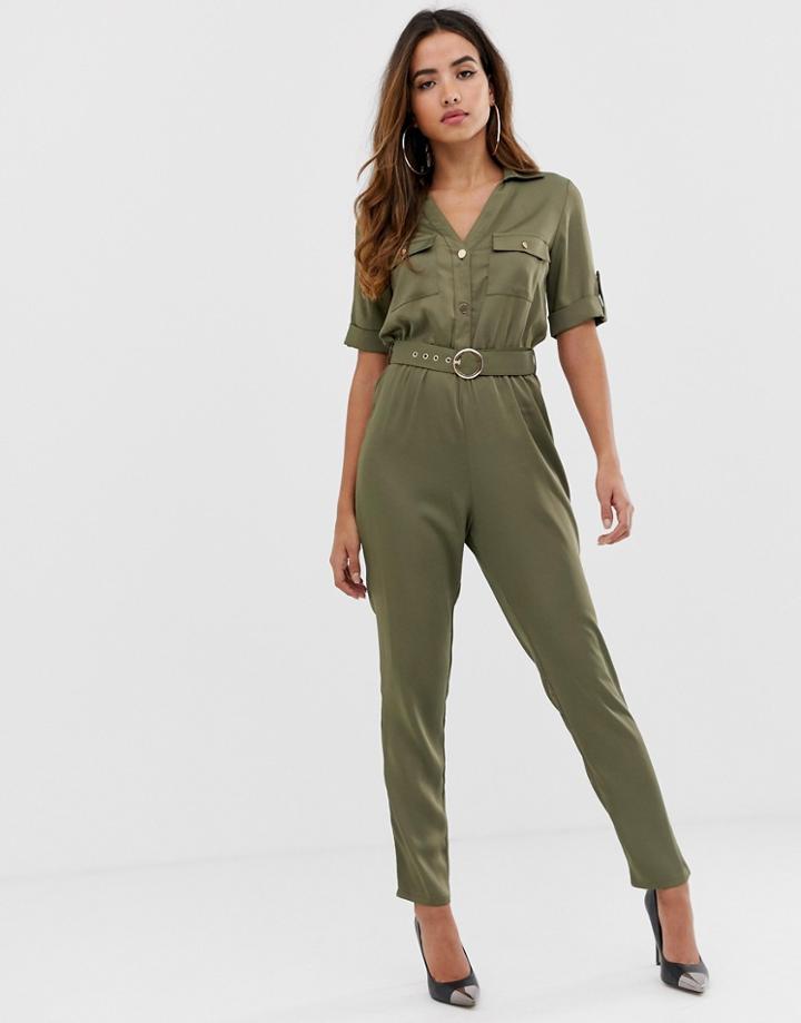 Lipsy Satin Utility Jumpsuit In Khaki - Green