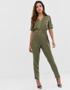 Lipsy Satin Utility Jumpsuit In Khaki - Green