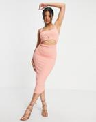 Asos Design Strappy Cami Cut Out Rib Midi Dress In Coral-pink