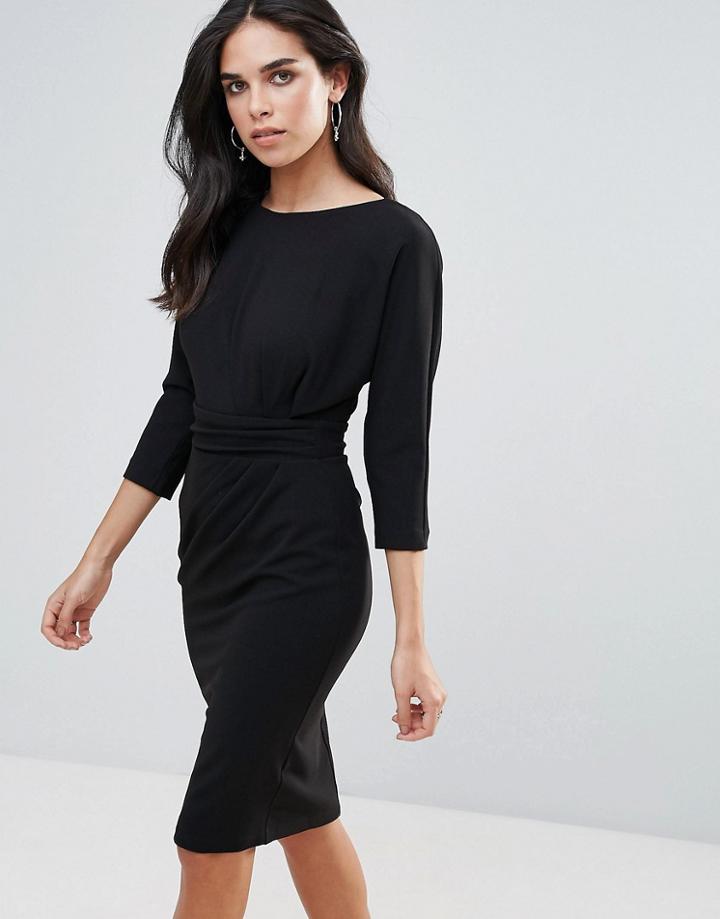 City Goddess 3/4 Pencil Dress With Waist Detail - Black