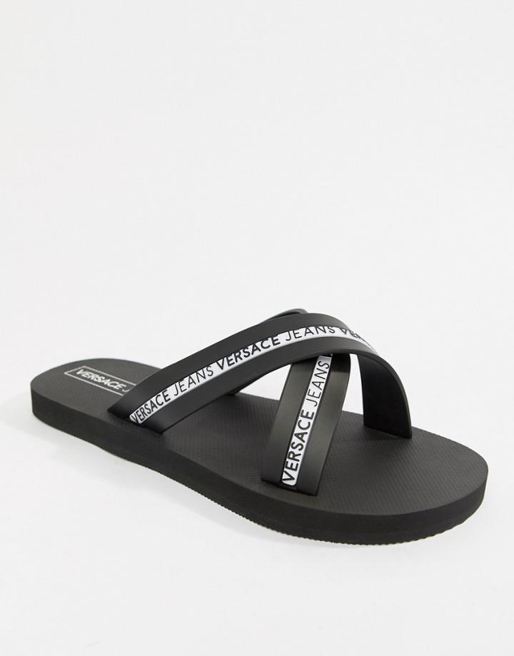 Versace Jeans Logo Cross Over Flip Flops In Black - Black
