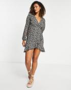 Only Zille Floral Print Wrap Mini Dress In Dark Ditsy-multi