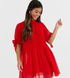 Asos Design Petite Pleated Trapeze Mini Dress With Tie Sleeves-red