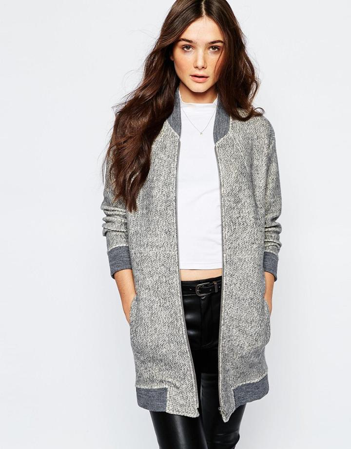 Mango Premium Zip Front Long Bomber Jacket - Gray
