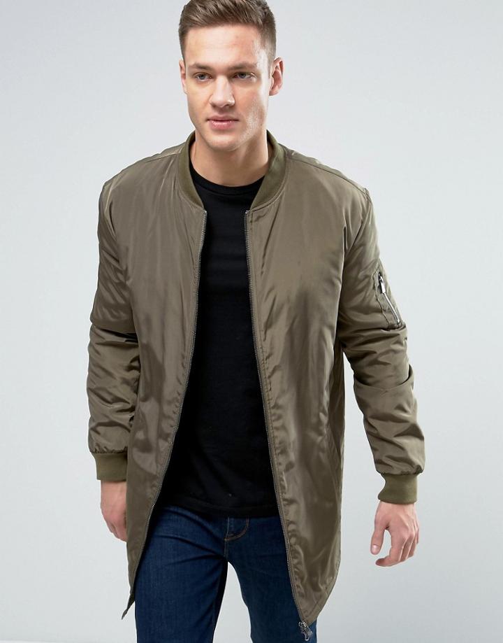 Only & Sons Longline Ma1 Bomber Jacket - Green