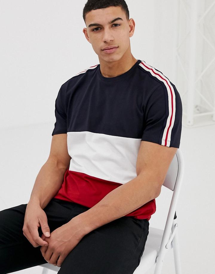 New Look Color Block T-shirt With Sleeve Taping In Navy