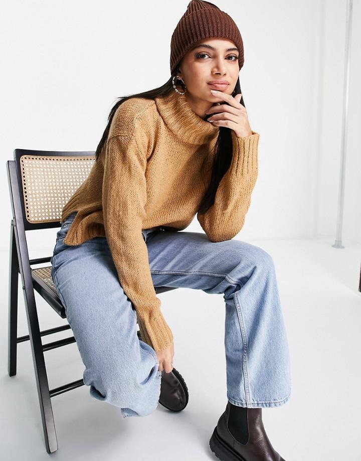 Brave Soul Cattio Boxy Cropped Roll Neck Sweater In Camel-brown