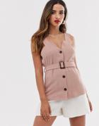 River Island Structured Button Through Top With Belt Detail In Pink