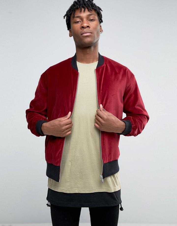 Asos Velvet Bomber With Ruching Detail In Burgundy - Red
