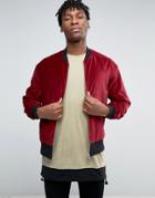 Asos Velvet Bomber With Ruching Detail In Burgundy - Red