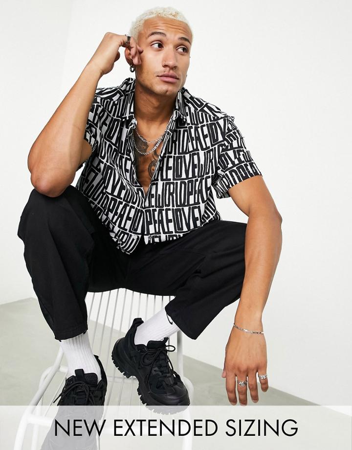 Asos Design Boxy Oversized Shirt In All-over Peace Text Print-white