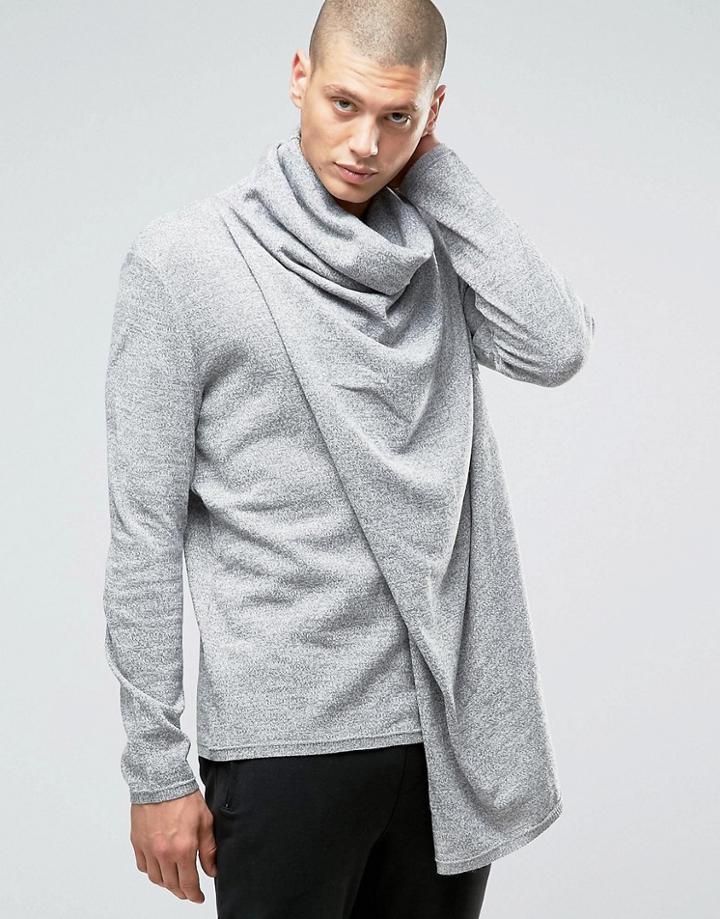 Asos Knitted Wrap Cardigan With Oversized Cowl Neck - Gray