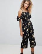 Ax Paris Floral Cold Shoulder Jumpsuit - Black