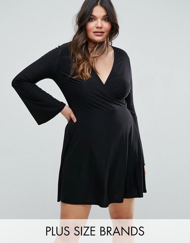 Club L Plus Slinky Rib Wrap Skater Dress - Black