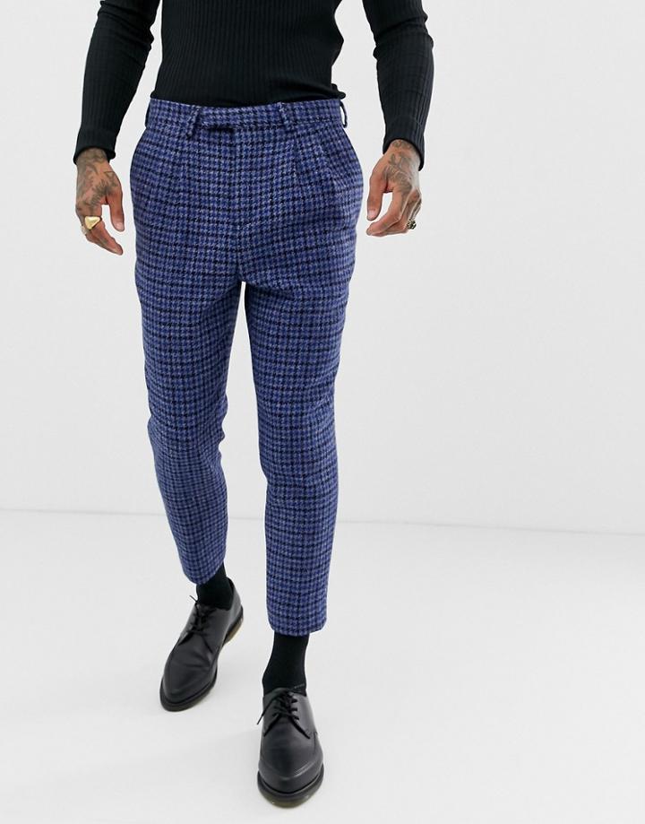 Twisted Tailor Harris Tweed Suit Pants In Cropped Taper Fit - Blue