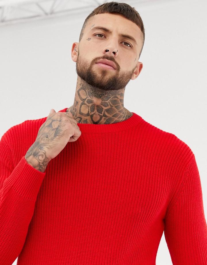 Bershka Knitted Sweater In Red - Cream