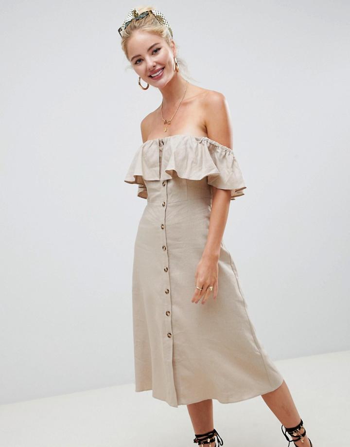 Asos Design Button Through Off The Shoulder Midi Dress With Frill - Beige