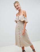 Asos Design Button Through Off The Shoulder Midi Dress With Frill - Beige