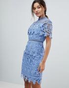 Chi Chi London Lace High Neck Mini Dress In Cornflower Blue