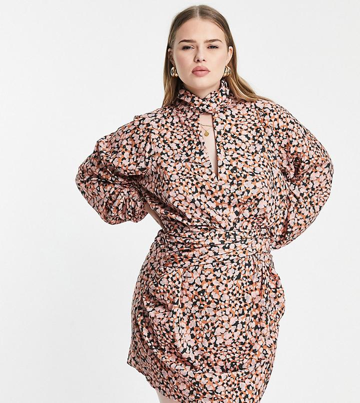 Pretty Lavish Curve Ruched Keyhole Shirt Mini Dress In Animal Spot-multi