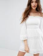Bershka Shirring And Crochet Dress - White