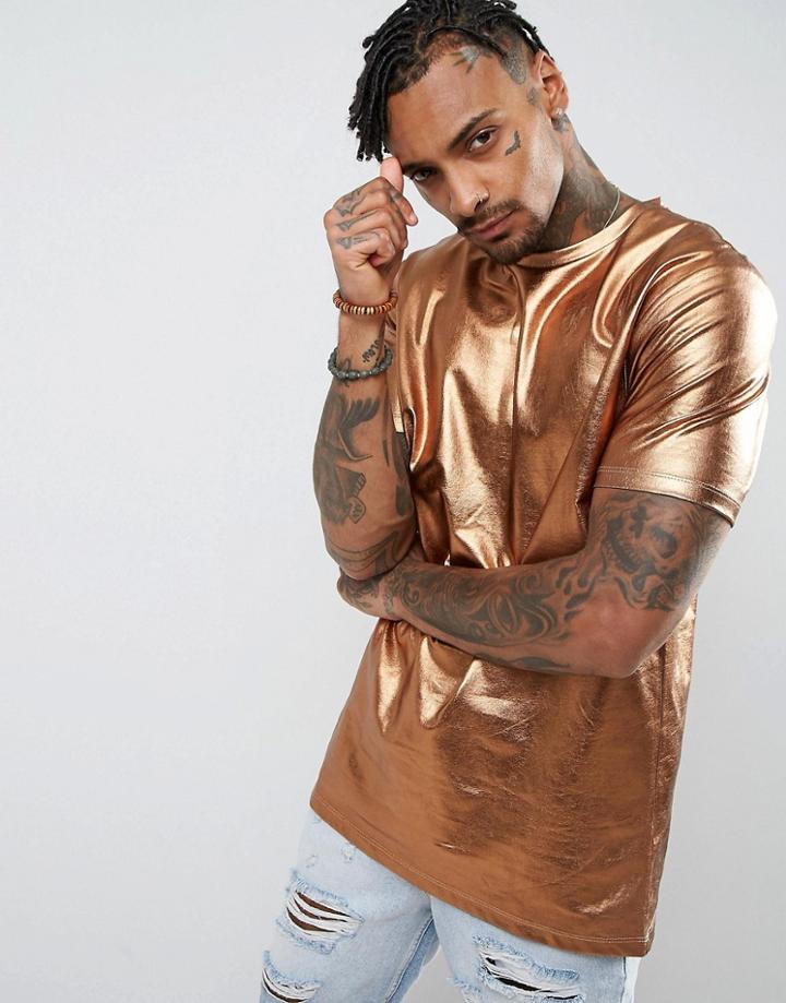 Asos Festival Oversized T-shirt In Metallic Copper - Gold