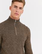 Asos Design Midweight Cotton Half Zip Sweater In Tan Twist - Tan