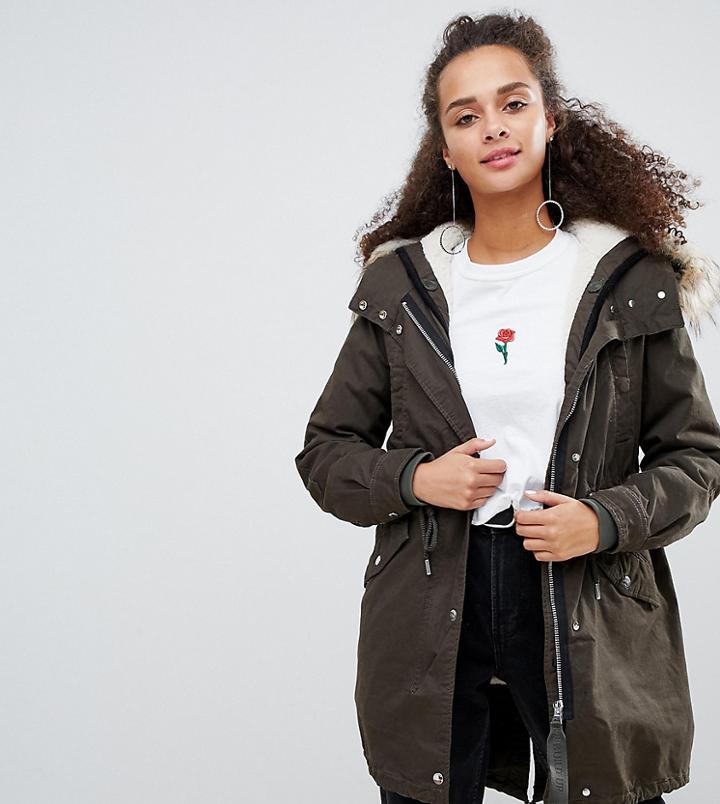 Bershka Hooded Parka Coat In Khaki