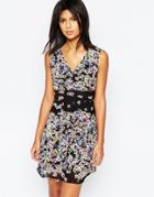 Yumi Wrap Front Dress In Tropical Floral Border Print - Black