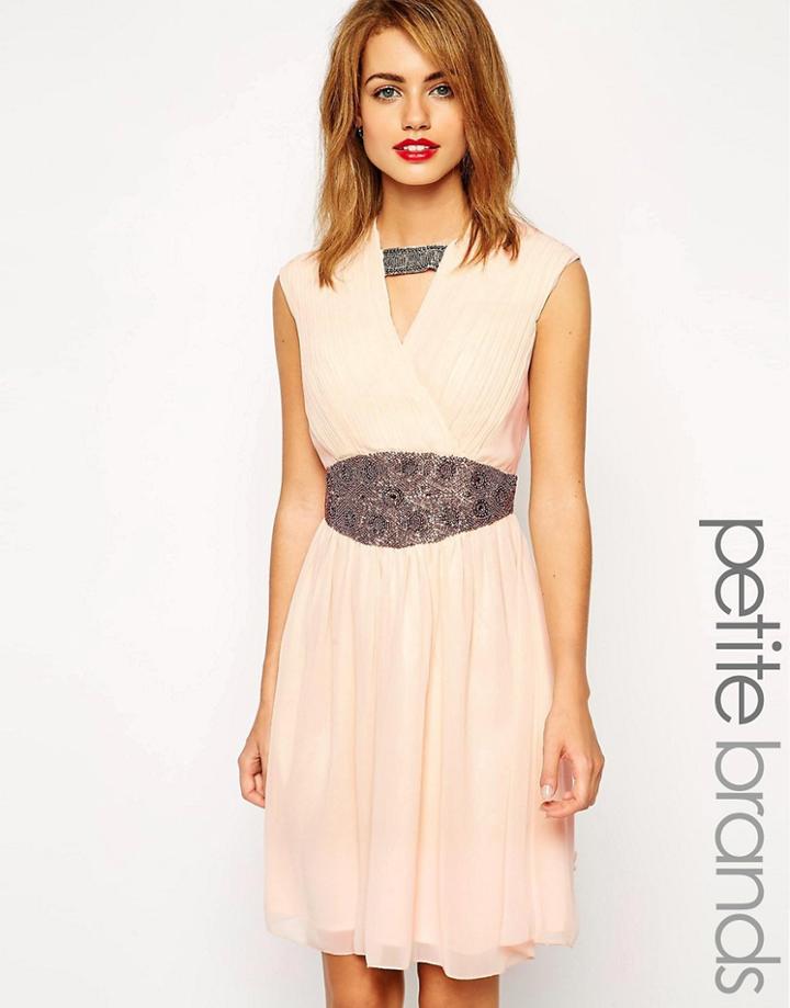 Little Mistress Petite Embellished Waist Skater Dress - Pink