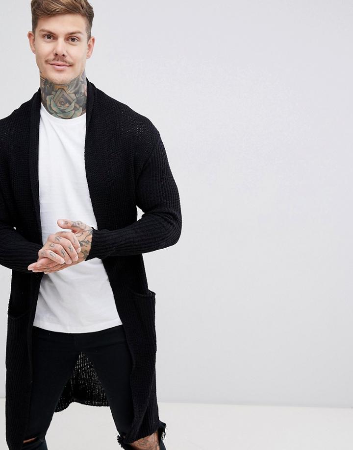 Boohooman Longline Fisherman Knit Cardigan In Black - Black