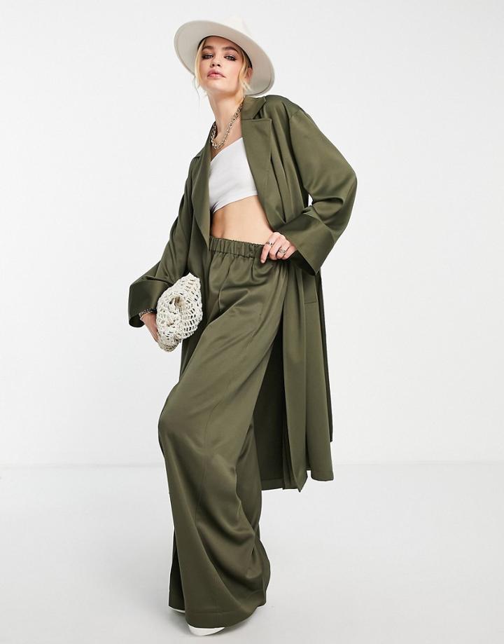 Topshop Satin Wide Leg Pants In Khaki-green