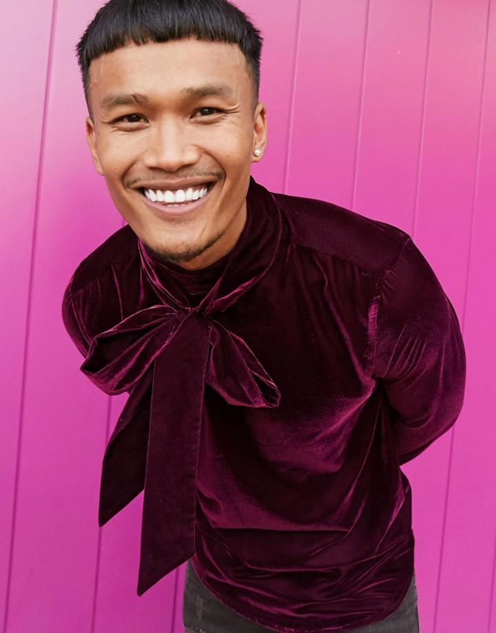 Asos Design Regular Fit Velvet Shirt With Pussybow Neck Tie In Deep Purple