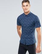 Asos Skinny Shirt In Navy With Ditsy Floral Print And Short Sleeves - Navy