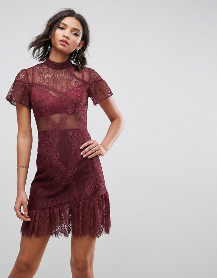 Asos Delicate Patchwork Lace Mini Dress With Asymmetric Hem - Multi