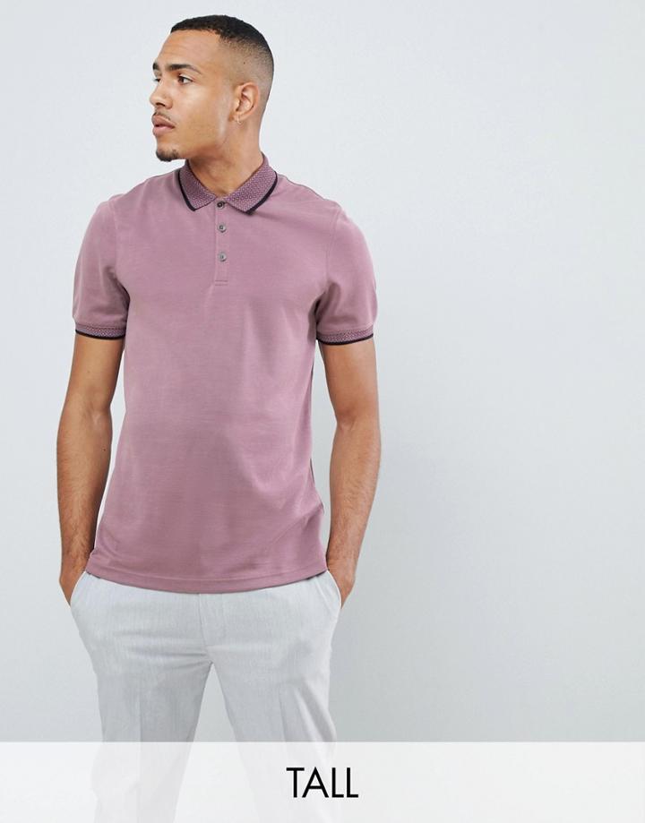 Ted Baker Tall Polo Shirt With Contrast Print Collar In Pink - Pink