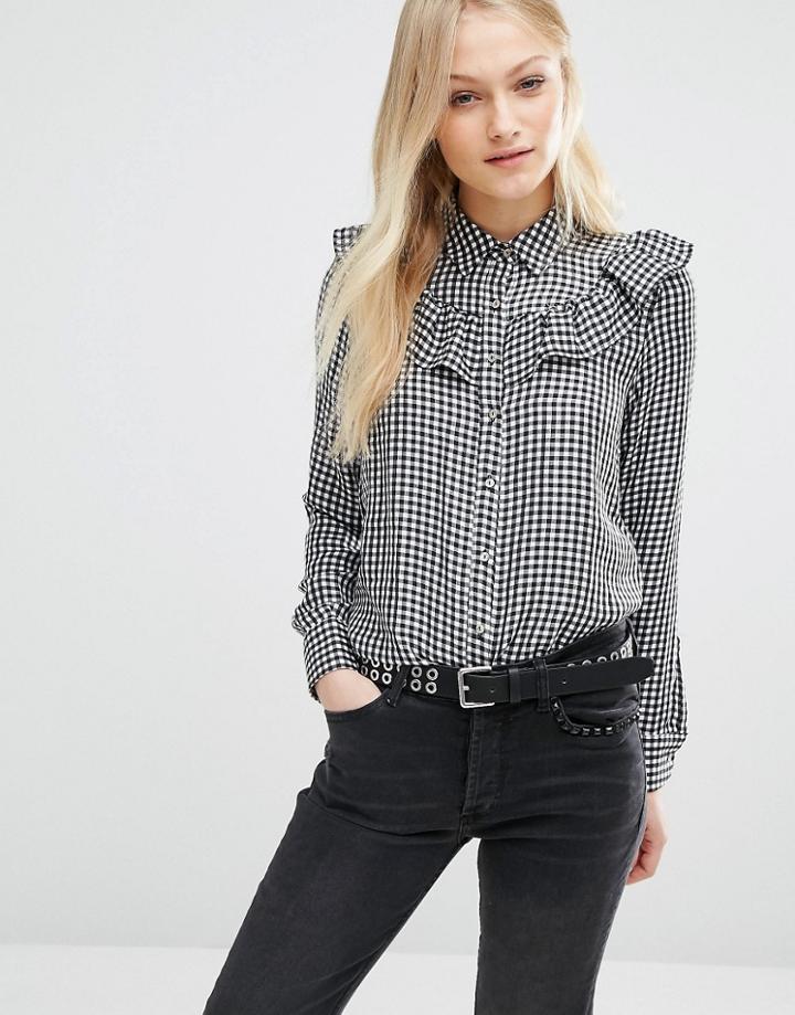 Pull & Bear Gingham Ruffle Shirt - Black