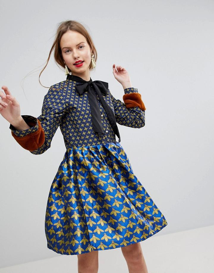 Sister Jane Mini Skater Dress With Faux Fur Cuffs In Jacquard Print - Blue