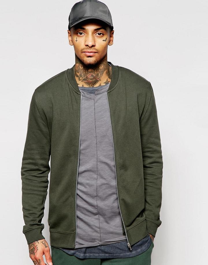 Asos Jersey Bomber Jacket In Khaki - Green