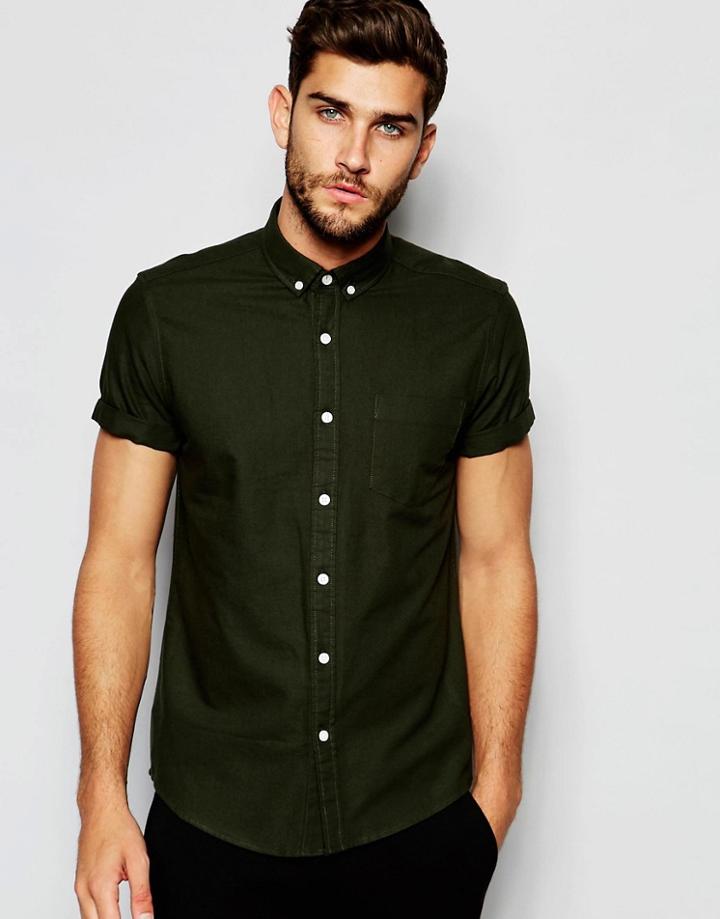 Asos Oxford Shirt In Khaki In Regular Fit - Green