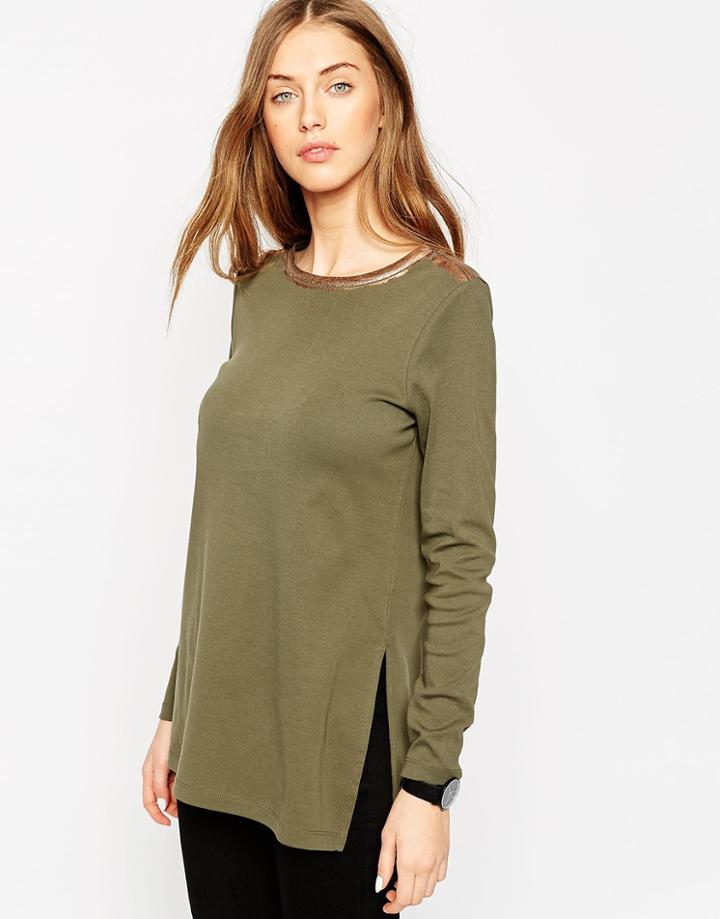 Asos Split Side Longline Rib Tunic With Metallic Tip - Khaki