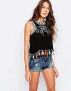 Pull & Bear Embroidered Tasselled Top - Black
