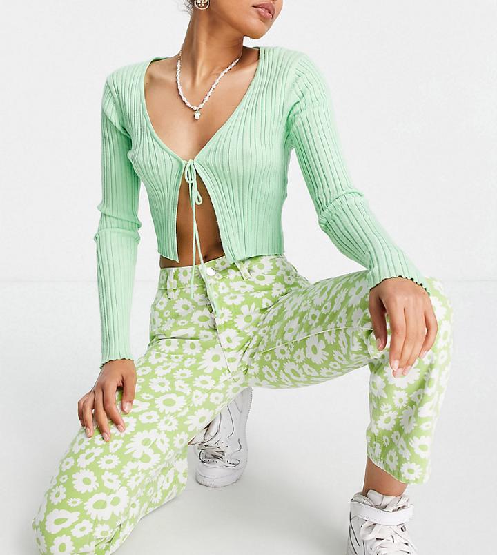 Asos Design Petite Mid Rise '90s' Straight Leg Daisy Print Jean In Green-multi