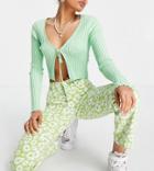 Asos Design Petite Mid Rise '90s' Straight Leg Daisy Print Jean In Green-multi