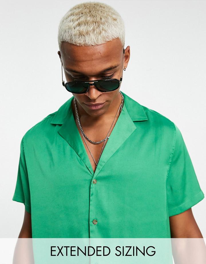 Asos Design Relaxed Satin Shirt In Recycled Polyester In Bright Green - Mgreen