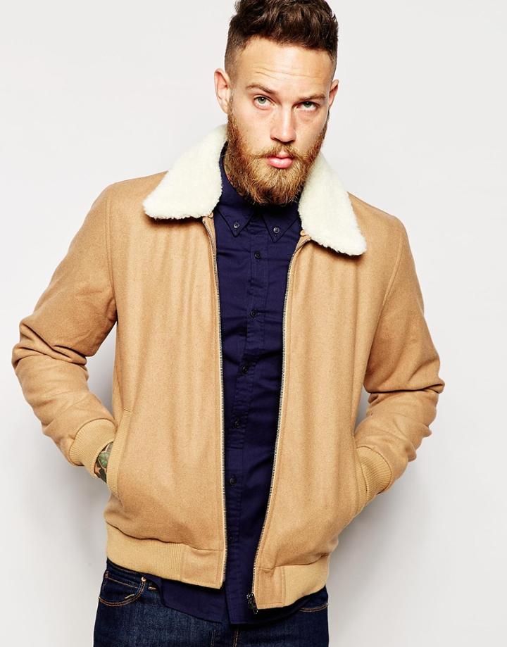Asos Wool Harrington Jacket With Faux Shearling Collar In Camel - Camel