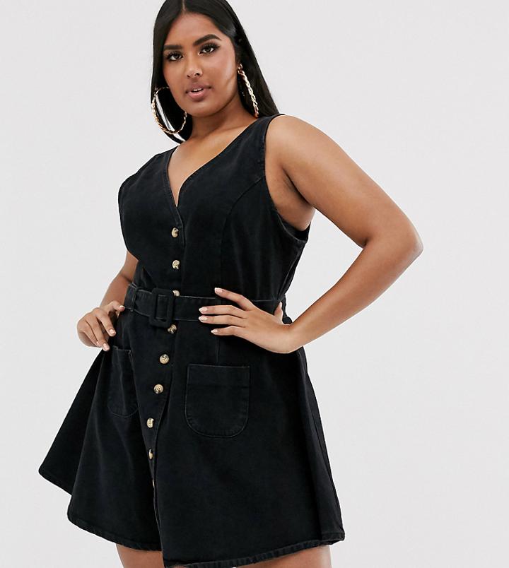 Asos Design Curve Denim Skater Button Through Dress With Belt In Black - Black