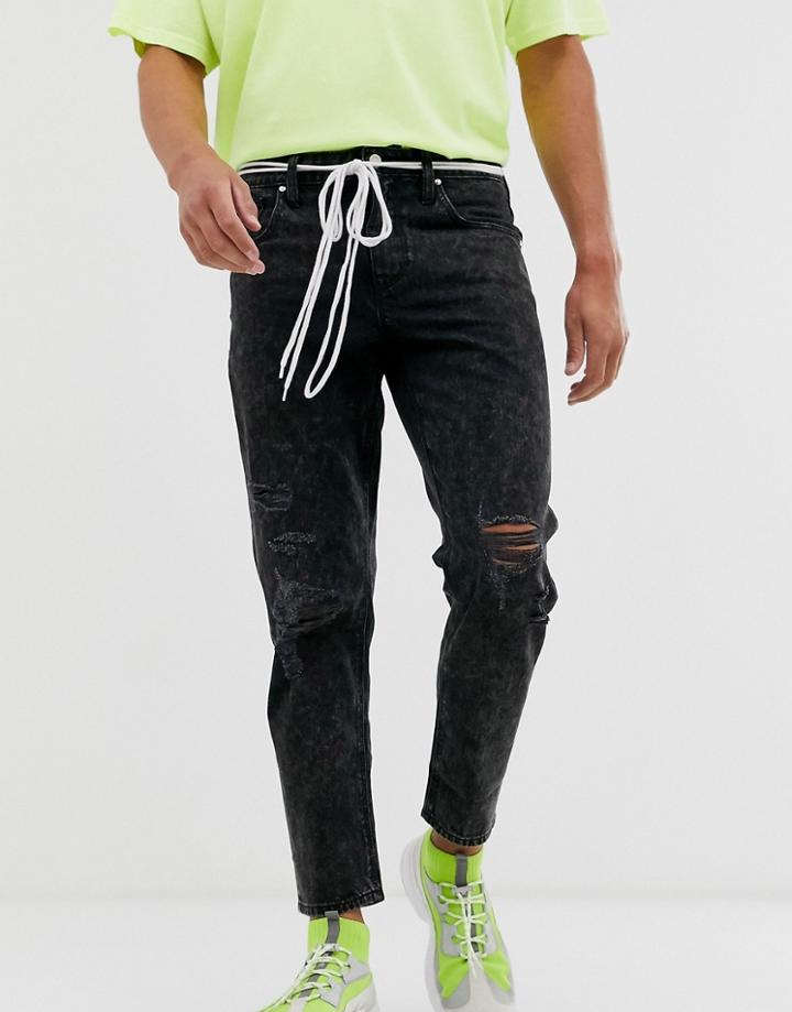 Asos Design Classic Rigid Jeans In Washed Black With Rips And Shoelace Belt